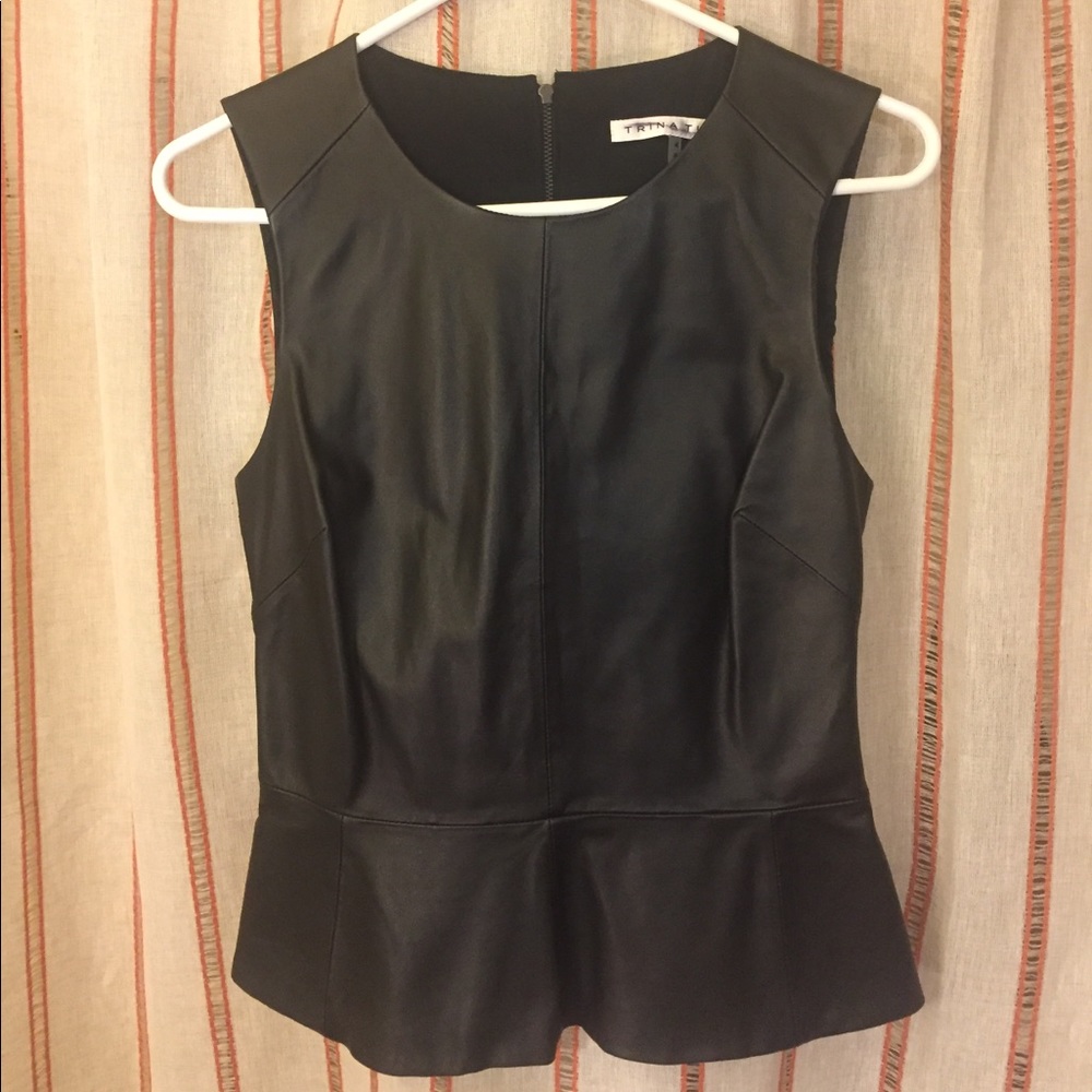 Trina Turk Black Sleeveless Leather Peplum Top